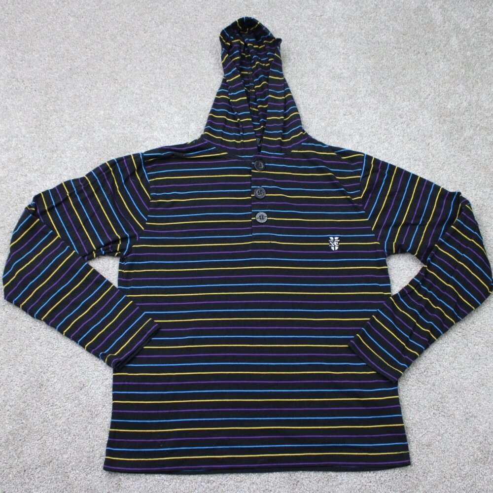Blizzard‎ StarCraft II Hoodie Mens Medium Black Striped Henley Hooded Sweatshirt